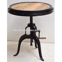 Industrial Crank Table Round Wooden Top Iron Frame